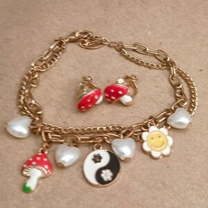 Gold Mushroom bracelet and earrings set